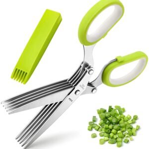 Herb Scissors, X-Chef Multipurpose 5 Blade Kitchen Herb Shears Herb Cutter with Safety Cover and Cleaning Comb for Chopping Basil Chive Parsley (Green)